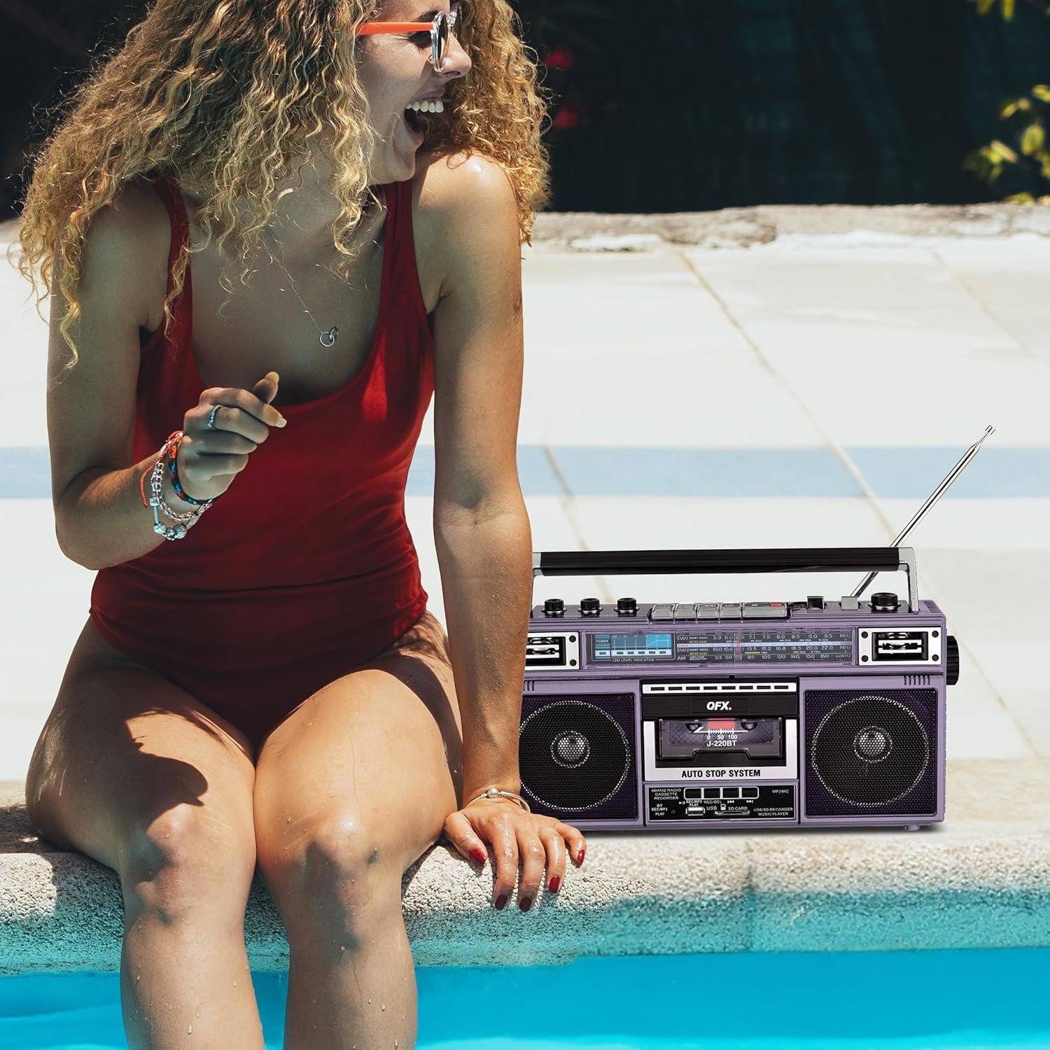 QFX J-220BT Purple Boombox MP3 Conversion from Radio to Cassette with 4-Band (AM, FM, SW1, SW2) Radio with Bluetooth, Dual 3” Speakers, Built-in Microphone, Recorder, and a 3-Band Equalizer - Image 7