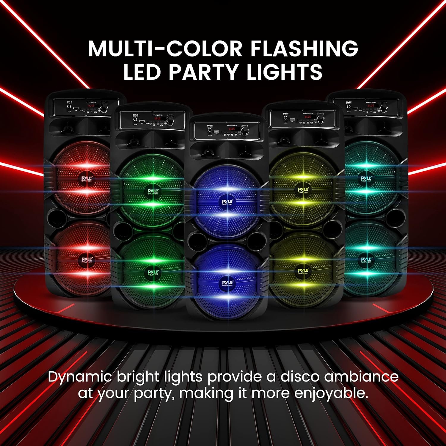 Pyle Portable Bluetooth PA Speaker System - 600W Rechargeable Outdoor Bluetooth Speaker Portable PA System w/ Dual 8” Subwoofer 1” Tweeter, Microphone In, Party Lights, USB, Radio, Remote - PPHP2835B - Image 4