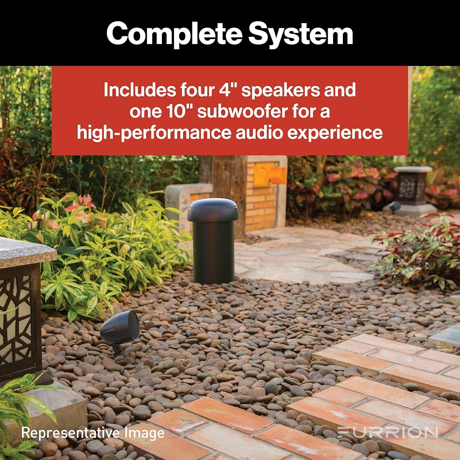 Furrion Aurora Veranda Series Outdoor Landscape Speaker System - Waterproof 4.1 Channel with 4” 100W Satellite Speakers and 10” 150w Subwoofer- for Patios, Decks and Gardens - Image 4