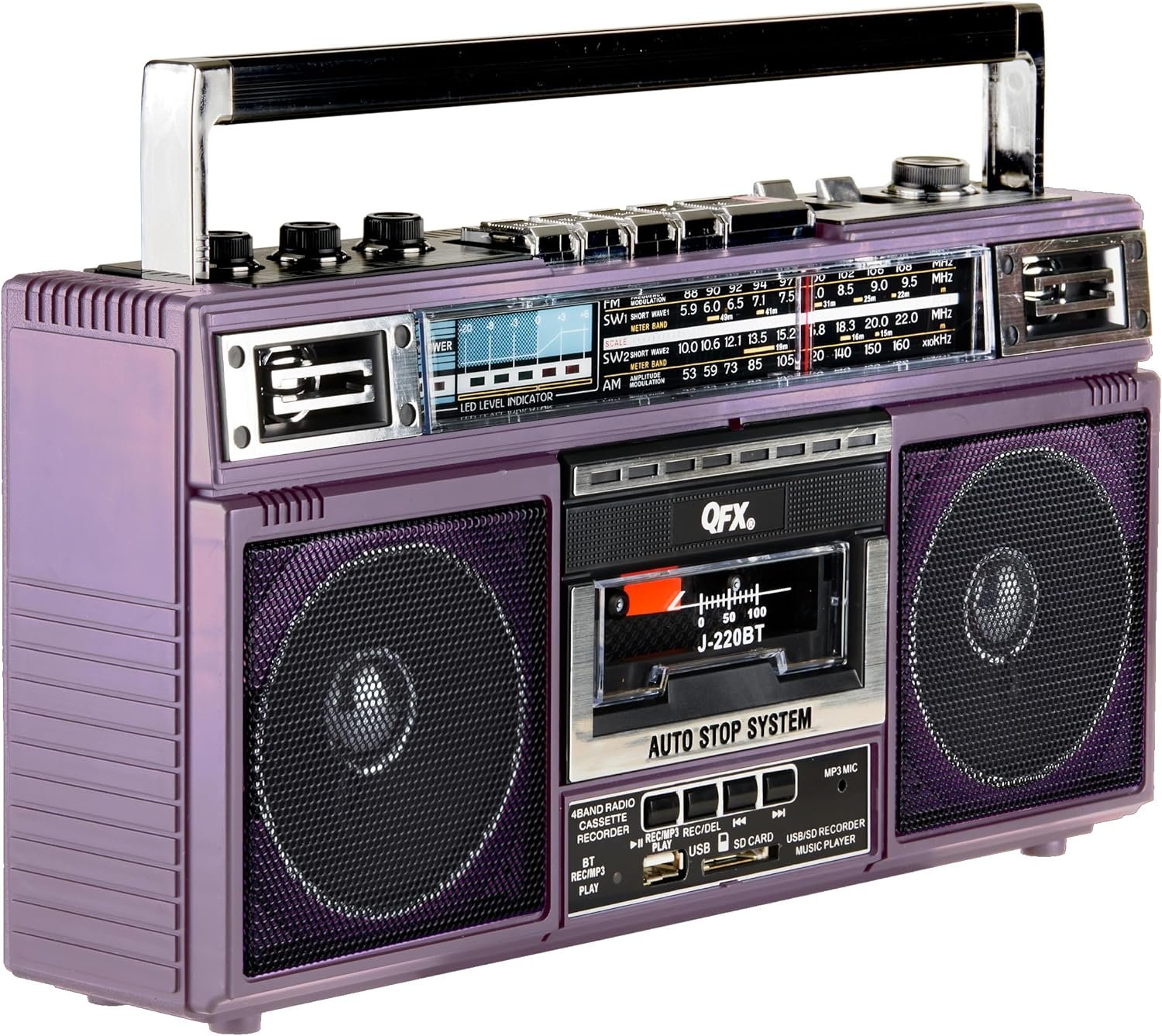 QFX J-220BT Purple Boombox MP3 Conversion from Radio to Cassette with 4-Band (AM, FM, SW1, SW2) Radio with Bluetooth, Dual 3” Speakers, Built-in Microphone, Recorder, and a 3-Band Equalizer - Image 5
